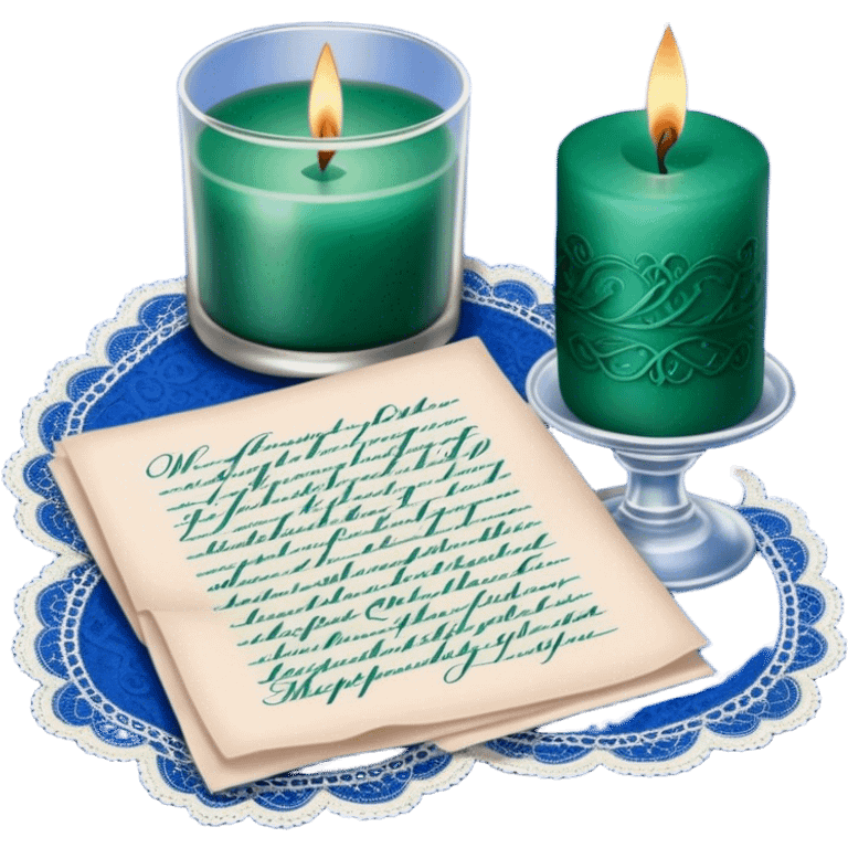 A nostalgic love letter with deep green handwriting, resting on lace fabric next to a glass candle in a royal blue hue. emoji