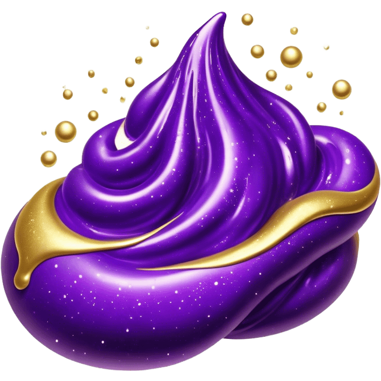 Cinematic Realistic Shiny Slime Mixed with Glitter, thick and glossy with swirling metallic flecks suspended inside, a dynamic mix of deep purple and golden sparkles, light catching every shimmer, flowing smoothly with realistic folds and ripples, glowing with an enchanting, almost liquid-metal effect. emoji