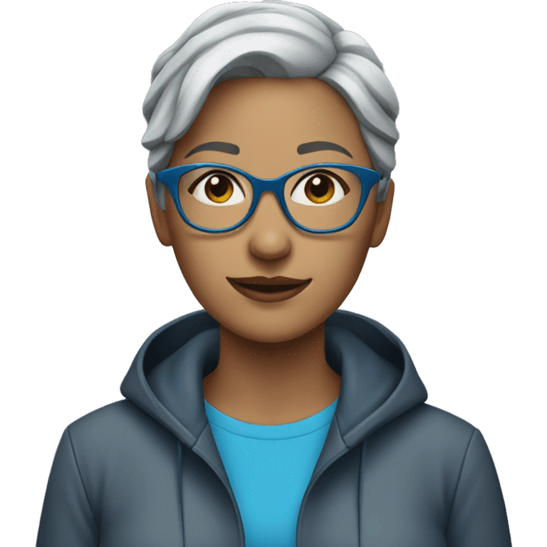 Woman with short gray hair and blue rimed glasses in the rain emoji