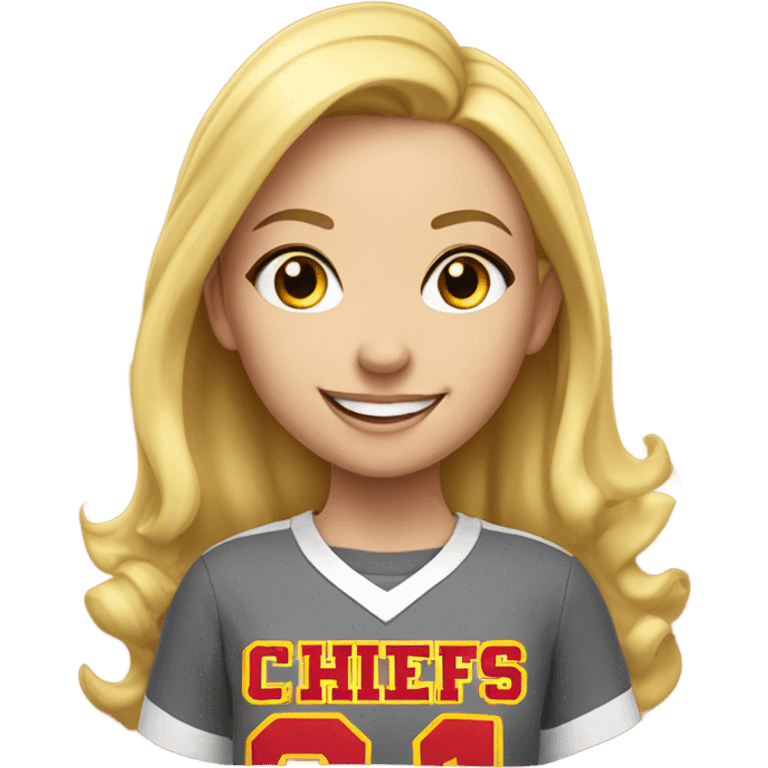 smiling girl with blonde hair and shirt with “Chiefs Kingsom” emoji