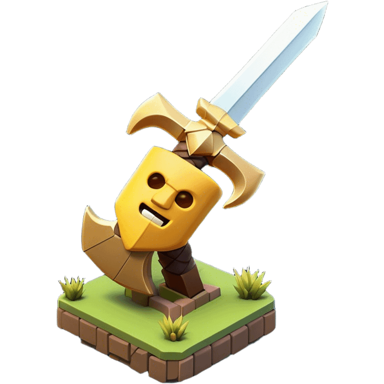 Clash of Clans aesthetic: Cinematic Playful Pixel 3D Sword Portrait Emoji, rendered in a 3D vector-style similar to standard emojis with minimal shading and bold, simplified shapes. A compact, distinct form with signature details, softly glowing with a pixelated adventure charm. Simplified yet unmistakably iconic, highly detailed and consistent, glowing with a soft radiance and high shine. Stylized with a touch of classic pixel-art charm and a soft glowing outline, capturing the essence of a beloved gaming relic with a friendly, playful manner! emoji