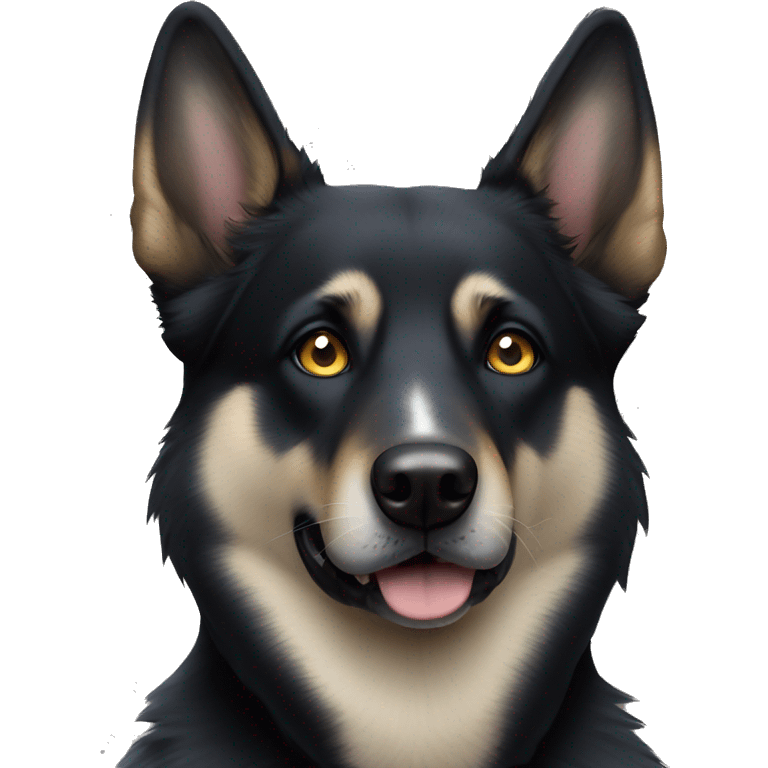 Black German shepherd husky mix with one brown eye and one blue eye tilting head  emoji