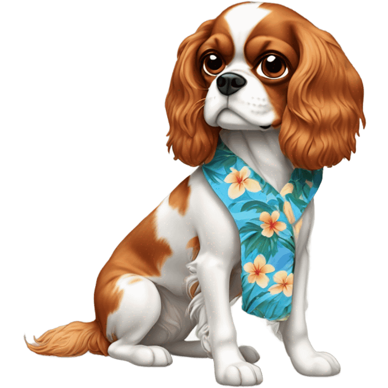 A cavalier King Charles spaniel with a lazy eye wearing a Hawaiian shirt emoji