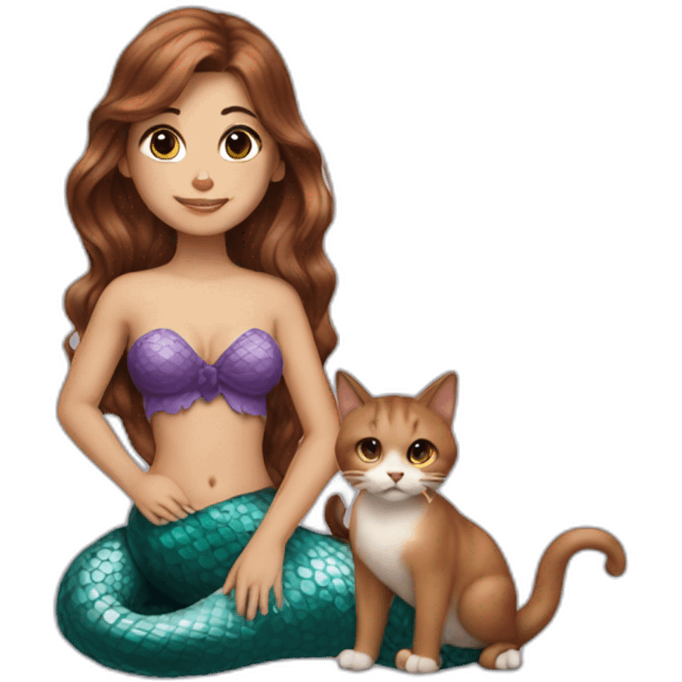 Mermaid with brown hair marries a cat emoji