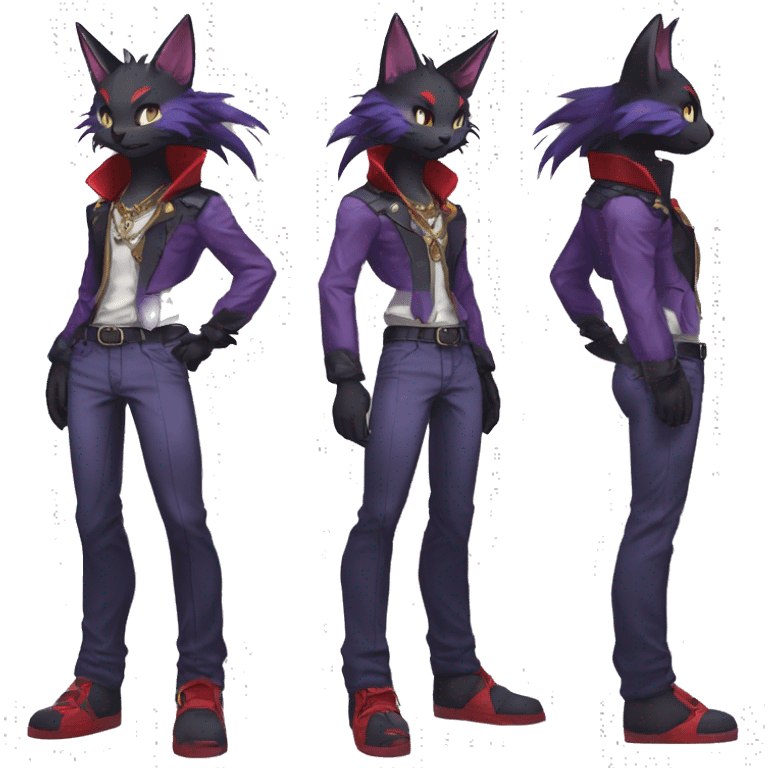 cool edgy anthro godly black purple red ethereal fantasy beautiful elegant nargacuga-Noivern-cat-Fakemon wearing a collar, cargo pants, full body emoji