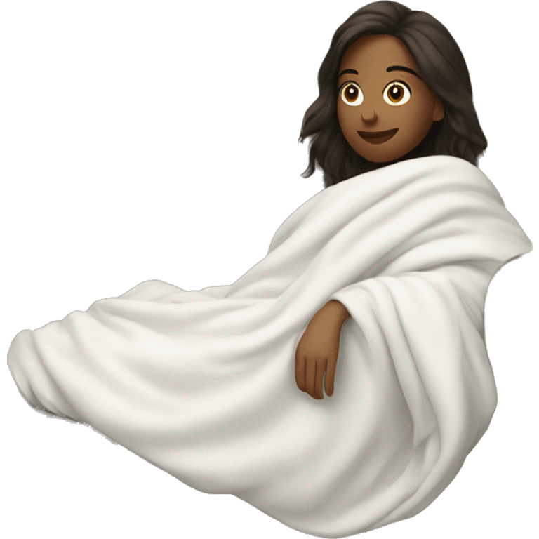 Brunette girl laying on couch with white blanket emoji