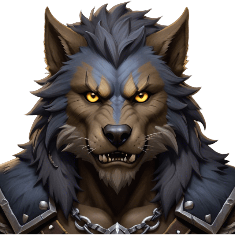 Cinematic Realistic WoW Worgen Portrait, depicted as a fearsome blend of man and beast, with rugged, dark fur intermingling with tanned, weathered skin. His piercing amber eyes and fierce expression are framed by disheveled hair and subtly detailed, worn leather attire in dark, consistent hues. Rendered with lifelike texture and dramatic, natural lighting, high shine, noble and formidable, capturing the primal nobility of a legendary worgen warrior. emoji