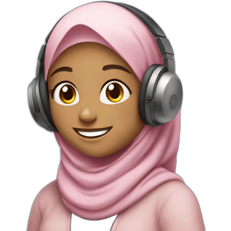 hijab girl with headphone listening to music and smile happy emoji