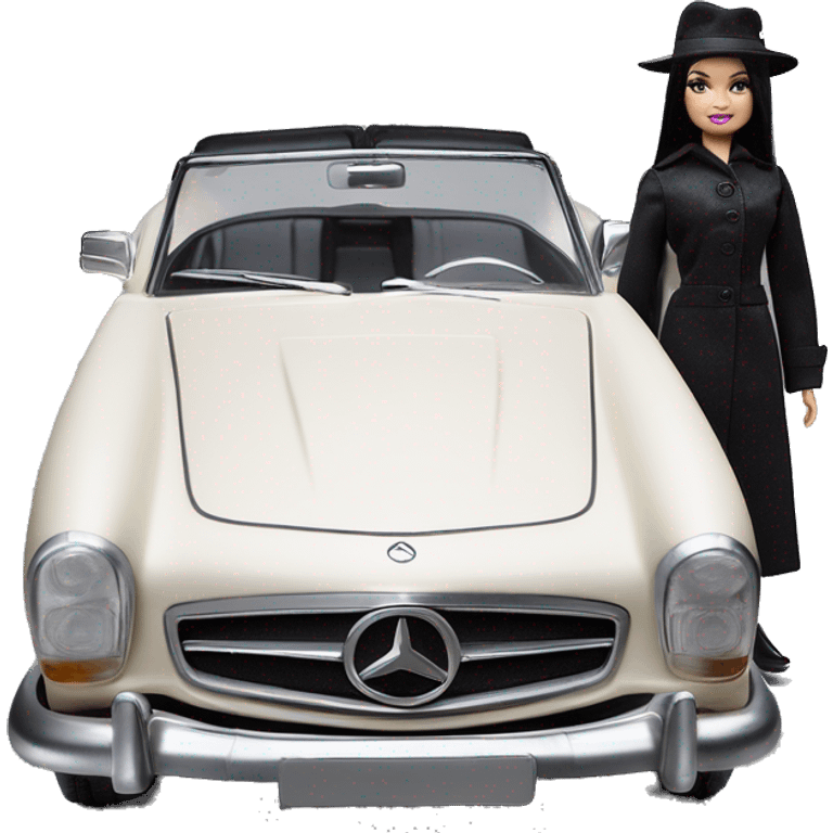 Bouclé Beauty Barbie, 1965 Wednesday Addams from academy, in dark-gray and black striped outfit with hat. Driving 1978 Mercedes convertible sports car  emoji