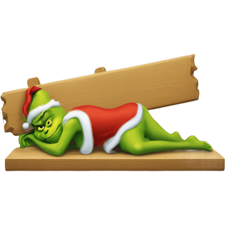 The Grinch laying on a wooden plus sign emoji