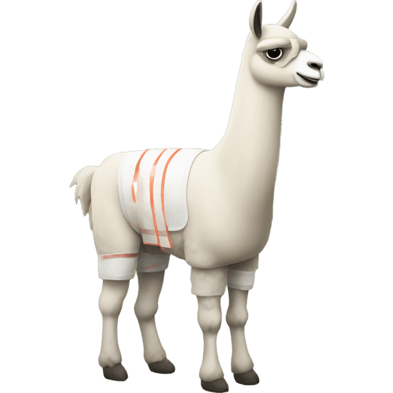 llama standing in a field with a bandage on his leg and a head wound emoji