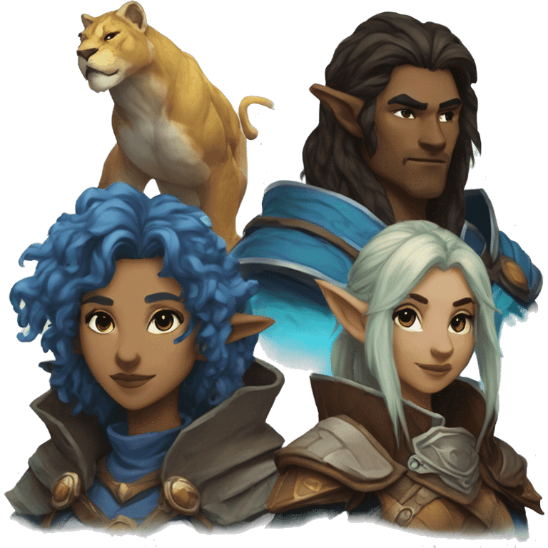 A dungeons and dragons team consisting of a human rogue,a blue Druid firbolg, a lion paladin and a female elf wizard emoji