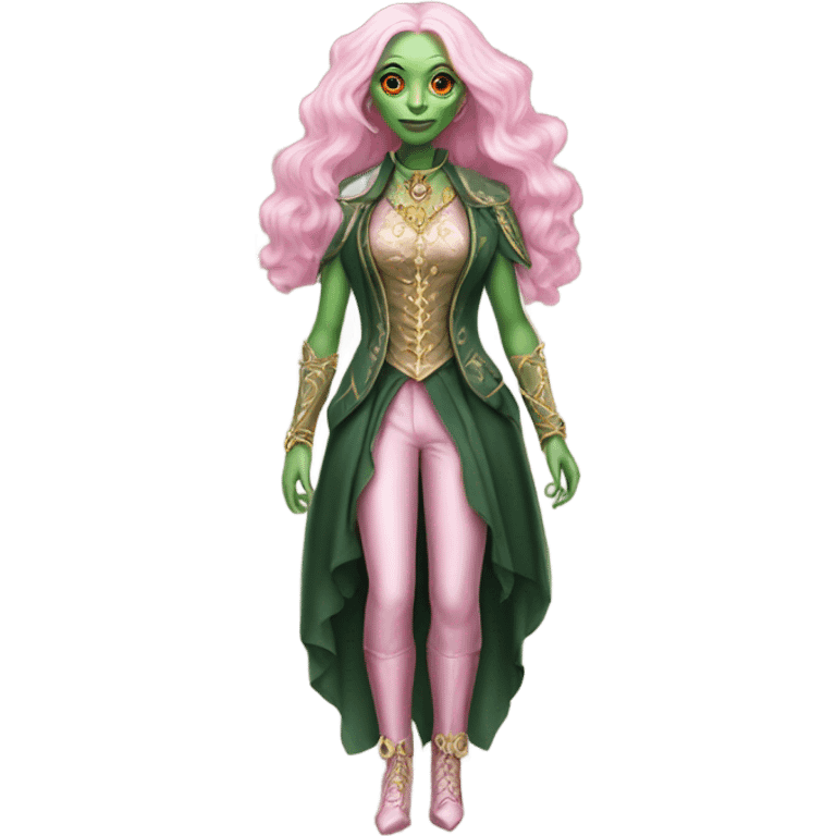 a green amazon alien woman in Victorian white gold pink hair full body  emoji