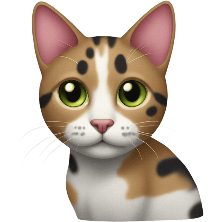 3 colors cat, pink nose with black spot, short hair, light brown spot on beard, light green eyes emoji