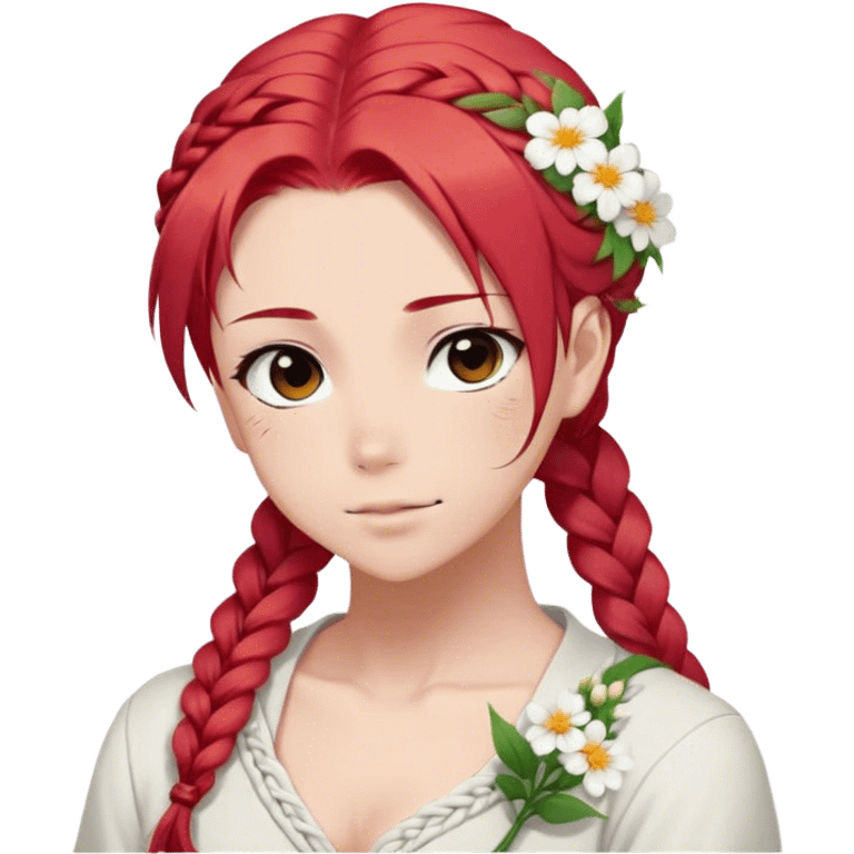 red hair with a thin side braid anime style handsome sexy gojo guy with blushing face and flowers aesthetic trending style outside emoji