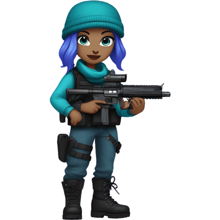 Girl, white skin, tactical vest, dark pants, teal hair, blue eyes, purple beanie hat, gun, black combat boots emoji