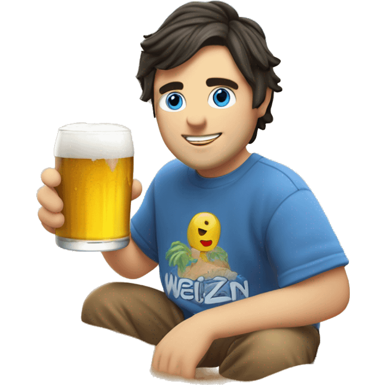 White boy with dark hair, blue eyes, drinking an ice cold weizen beer on the beach of lloret de mar. The beer is so cold it is almost frozen emoji