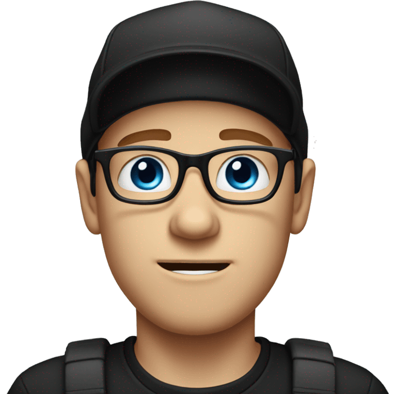 White male wearing glasses and black cap in a black t-shirt and blue eyes crying emoji