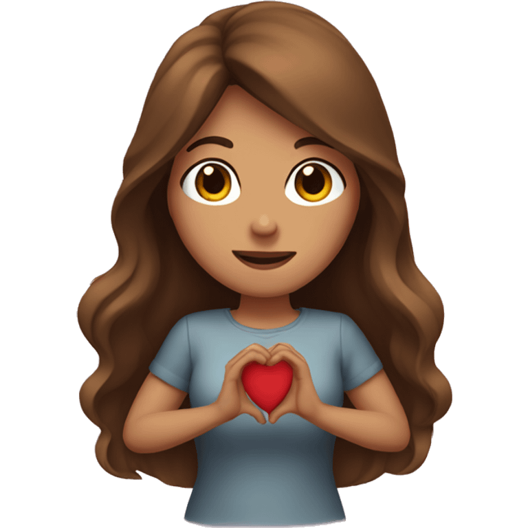 A woman with Long brown hair showing a heart with her hands  emoji