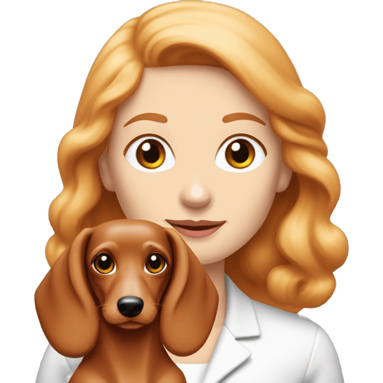 Redhead 👩🏼‍🦰 women with cream longhair dachshund in front of her emoji