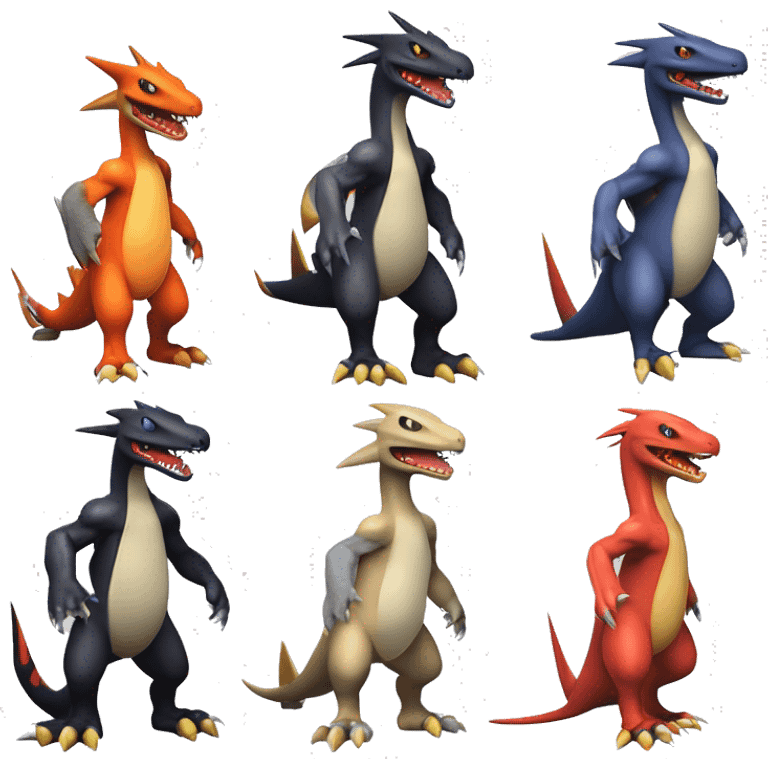 Black, Red, Orange, Beige, Modern, Futuristic, Cool, Edgy, Badass Punk-style Garchomp-Charmeleon-Croconaw Fakémon-Digimon  full body emoji