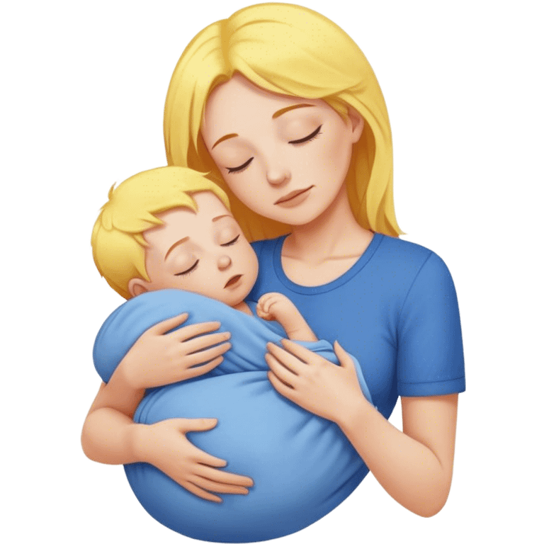 Mother is holding a baby, the mother has yellow hair and pink clothes, the baby is sleeping in blue clothes emoji