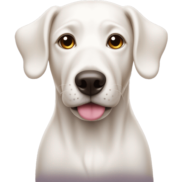 White dog with tan ears and a pink nose emoji