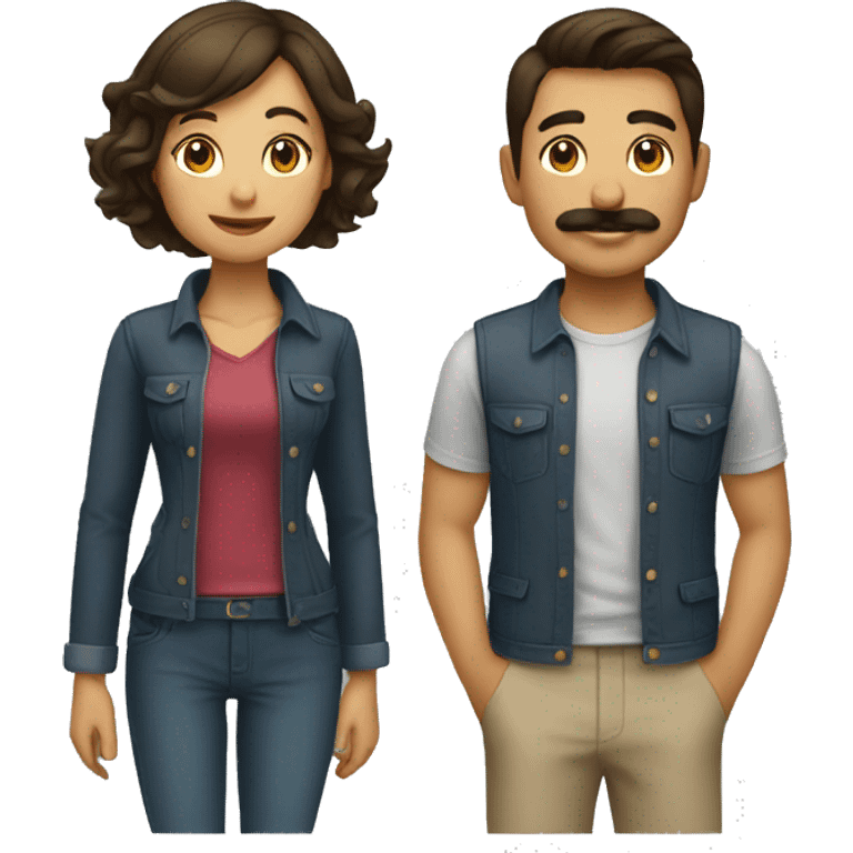 A girl  with short hair  and her boyfriend with mustache working together successfully  emoji