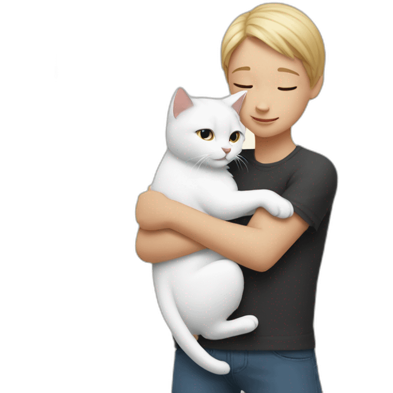 Girl and boy hug two white cats emoji