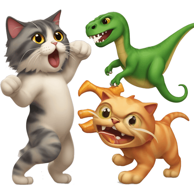 Calico Persian Cat fighting a dinosaur emoji