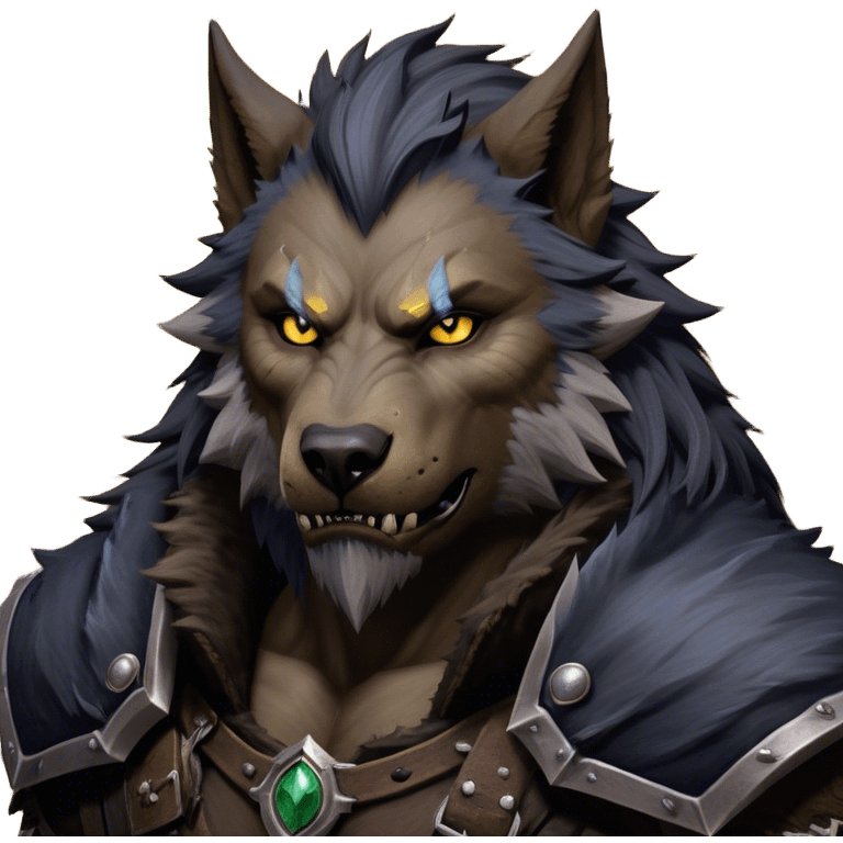 Cinematic Realistic WoW Worgen Portrait, depicted as a fearsome blend of man and beast, with rugged, dark fur intermingling with tanned, weathered skin. His piercing amber eyes and fierce expression are framed by disheveled hair and subtly detailed, worn leather attire in dark, consistent hues. Rendered with lifelike texture and dramatic, natural lighting, high shine, noble and formidable, capturing the primal nobility of a legendary worgen warrior. emoji