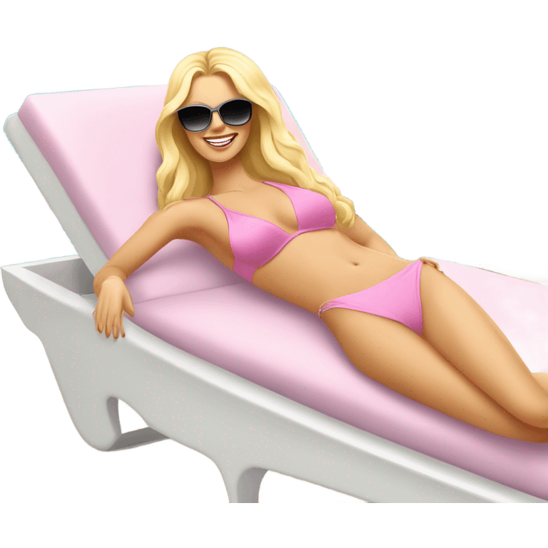 White woman, long hair, blonde hair, wavy hair, baby pink bikini, sunglasses, laying in a white chaise lounge, holding a martini emoji