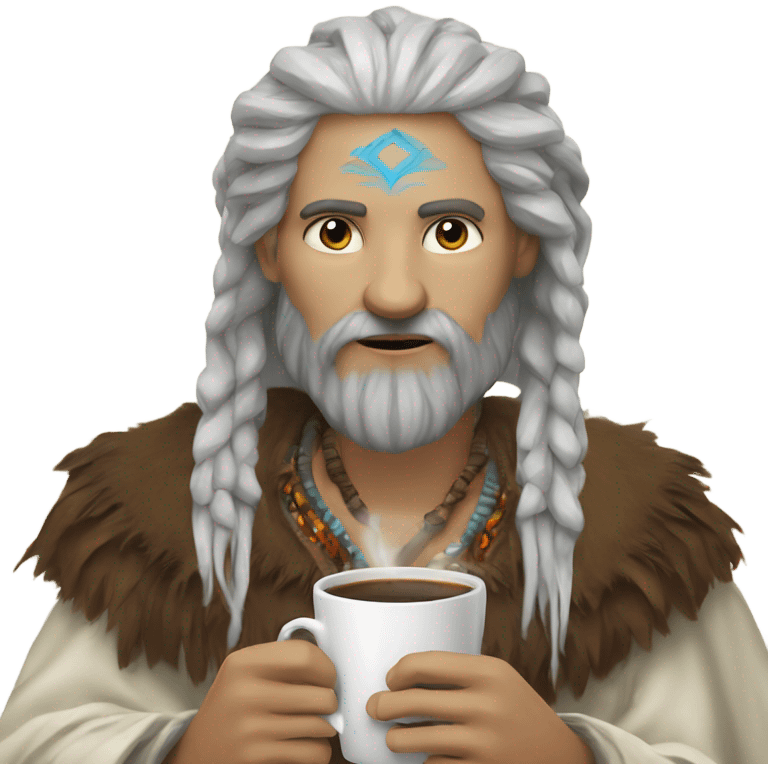 Handsome Bearded white skinned Shaman drinks coffee emoji