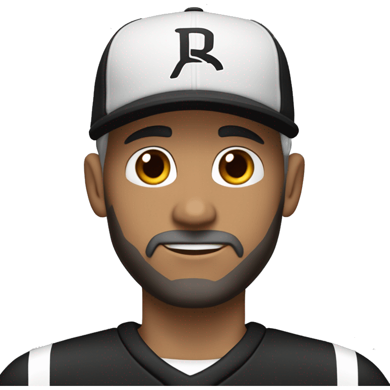 An adult pale male with stubble and a slightly gray beard, brown hair, black eyes, wearing a black Reebok cap with a round emblem on his head, and a black sweater with three white stripes on the sleeves underneath. emoji