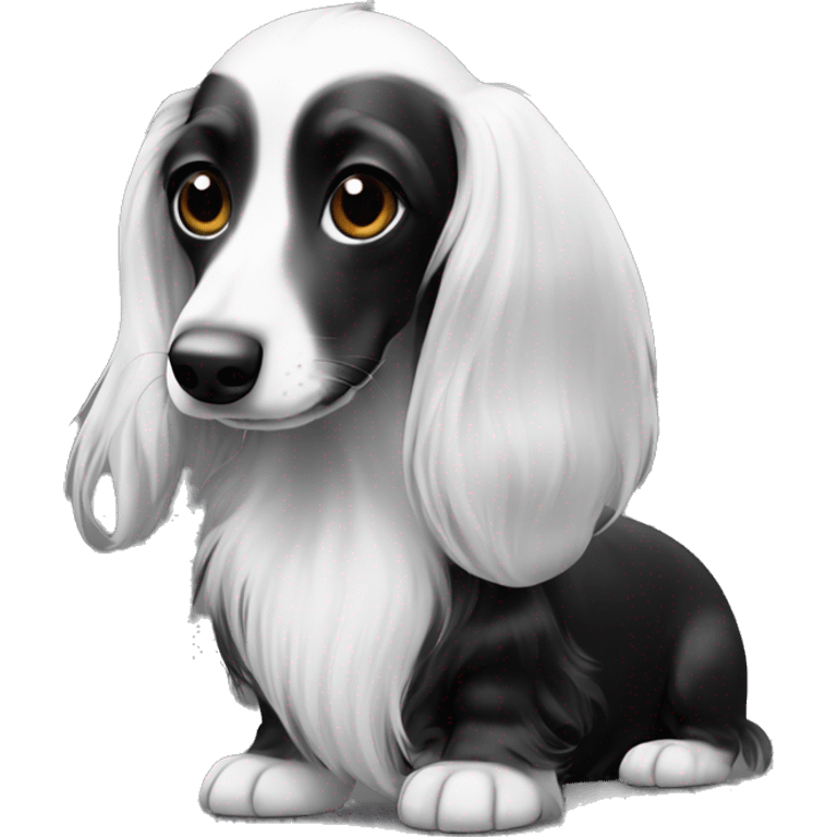 long haired black and white with mainly black on its face only a bit of white on the muzzle dachshund emoji