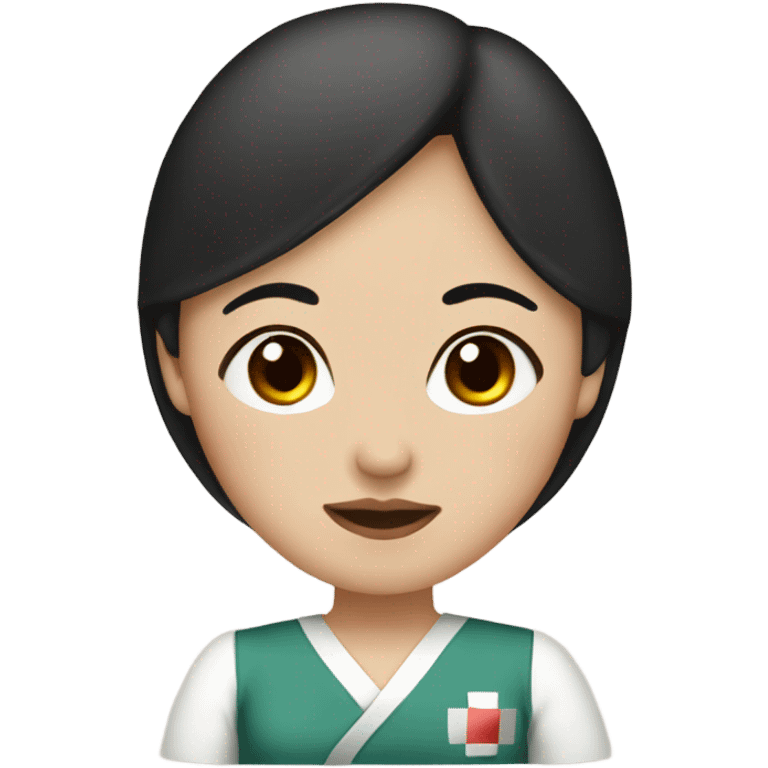 Pregnant Mexican/Japanese nurse, brown eyes, nose ring, dark red/black hair emoji