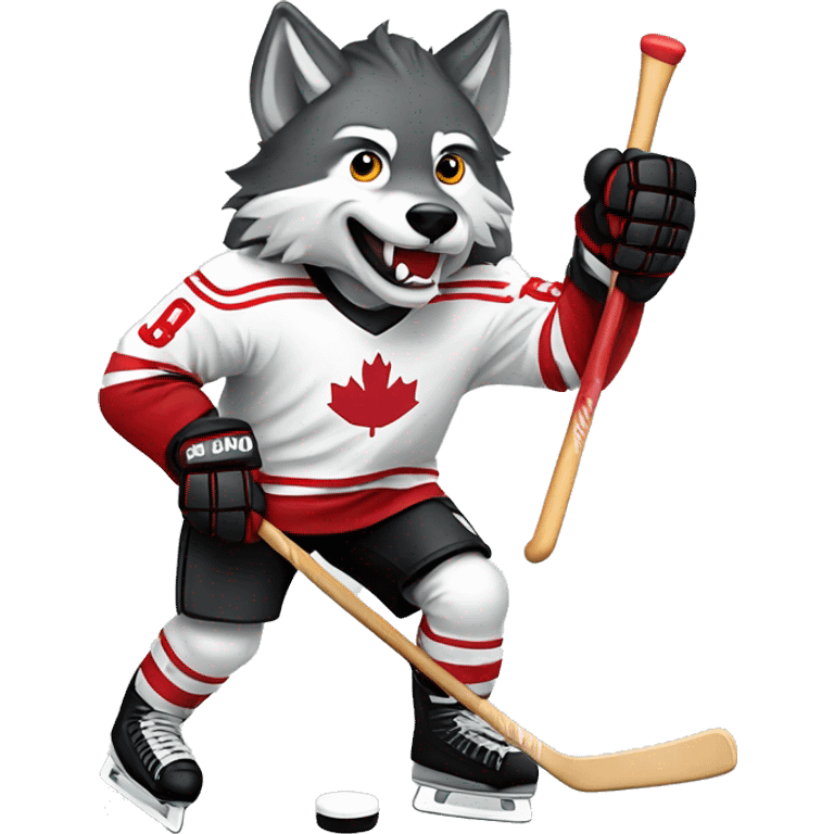 A wolf in a red black and white hockey uniform with a wolf emblem is playing hockey emoji