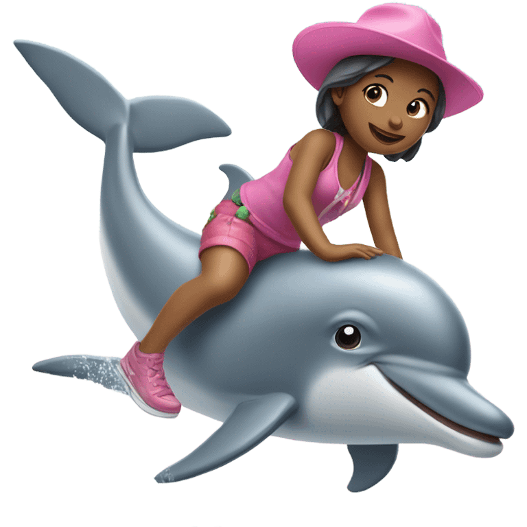 girl riding a dolphin, both wearing a pink hat emoji