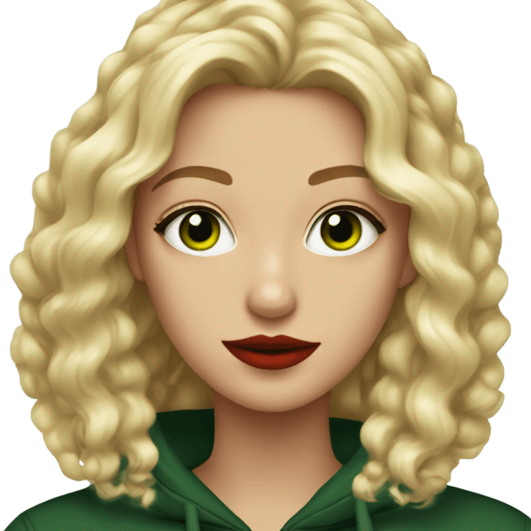 A blond girl with waved hair, medium length, red lips, green eyes, black hoody, red long nails, sharp features emoji