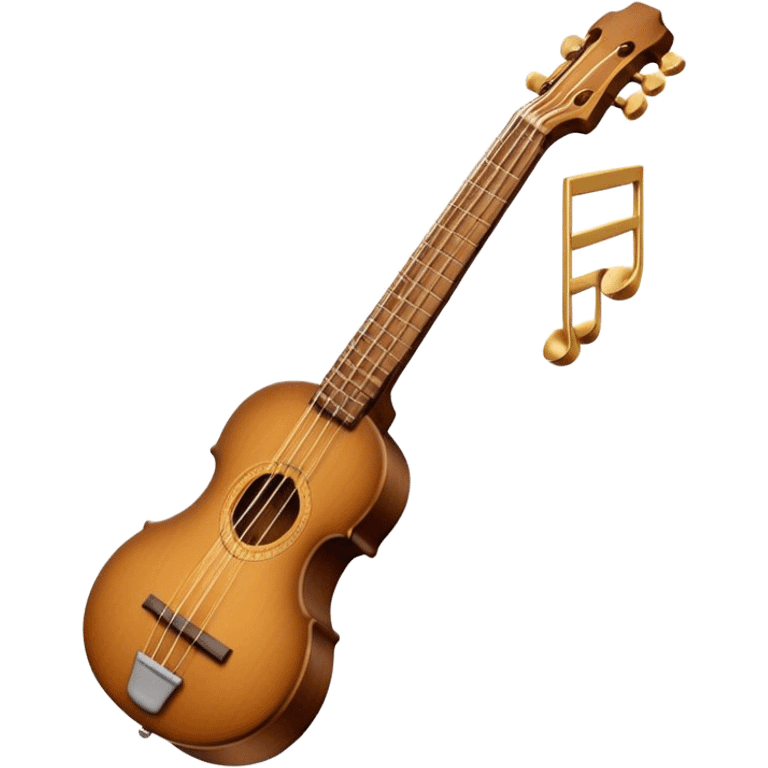 Create an elegant and traditional emoji representing a domra. The design should feature the round, wooden body of the domra with its distinct 3 strings. Include delicate details like the tuning pegs, the fingerboard, and the bridge. The wood of the domra should have a rich, warm tone, and the strings should be subtly highlighted to show their importance. Add a small musical note or two floating around to evoke the folk music it is used for. Use earthy tones like brown and gold to emphasize its classic, rustic feel. The background should be transparent. emoji