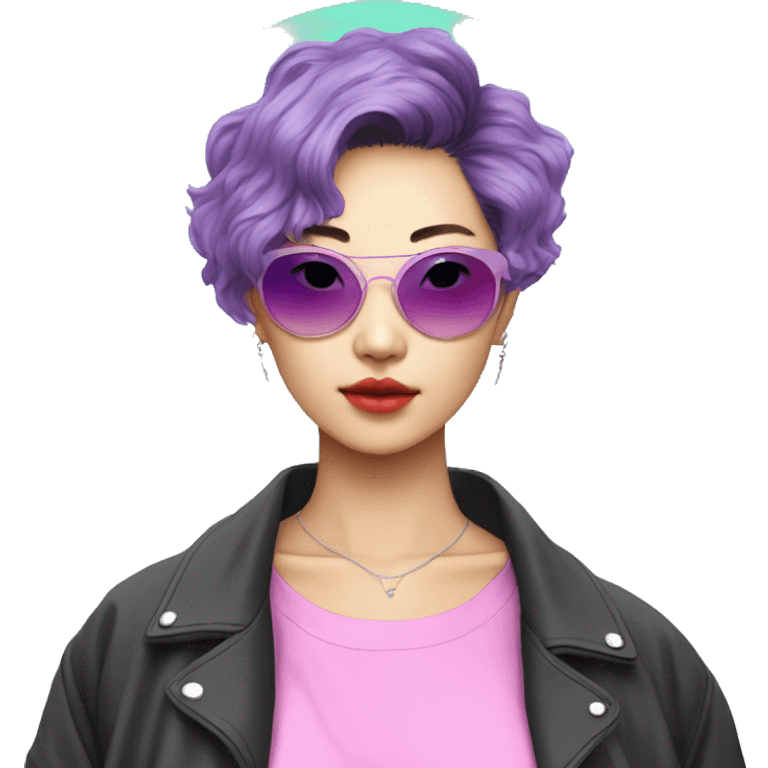 a short-haired Taiwanese lesbian as a designer with vaporwave style, without makeup, with earings, sunglasses with vaporwave image on it. emoji