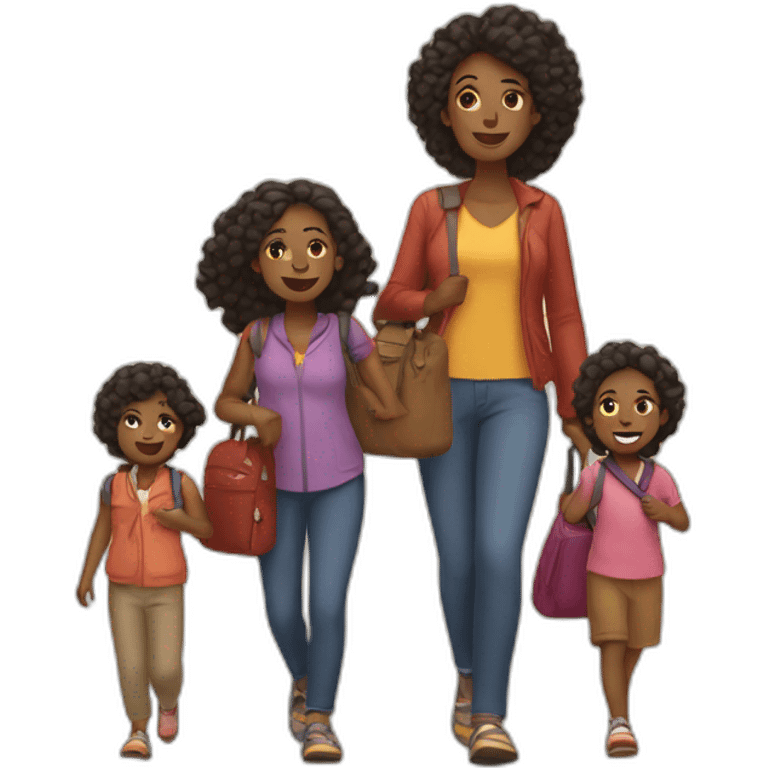 Black mother with 4 kids traveling emoji