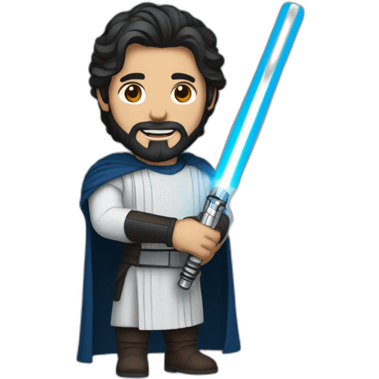 A white Portuguese with black and medium-length hair and a beard that holds a blue lightsaber emoji