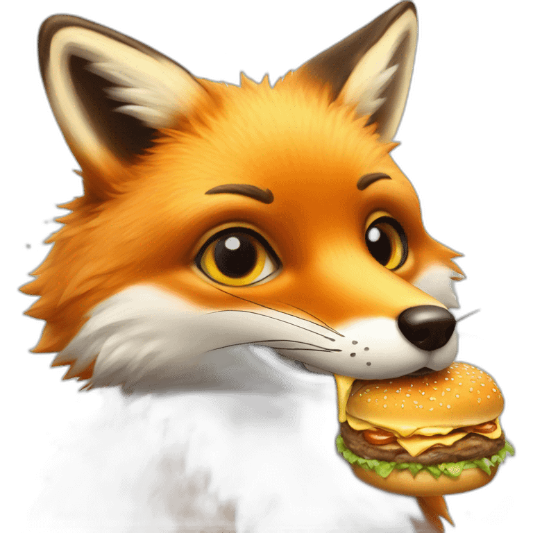 Fox eating a hamburger with lots of sparkles, portrait emoji