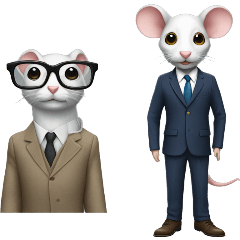 A human in a class suit and shoes with a rat head with glasses emoji