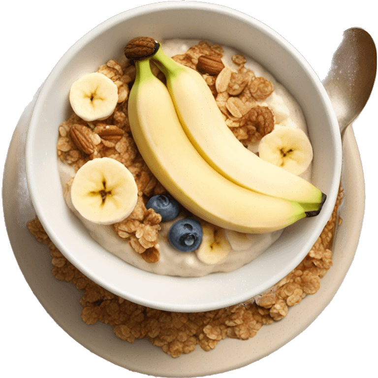 porridge bowl with granola and banana and nutcream on top emoji