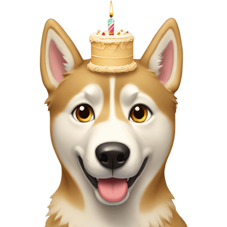 Golden beige husky with a hat and birthday cake emoji