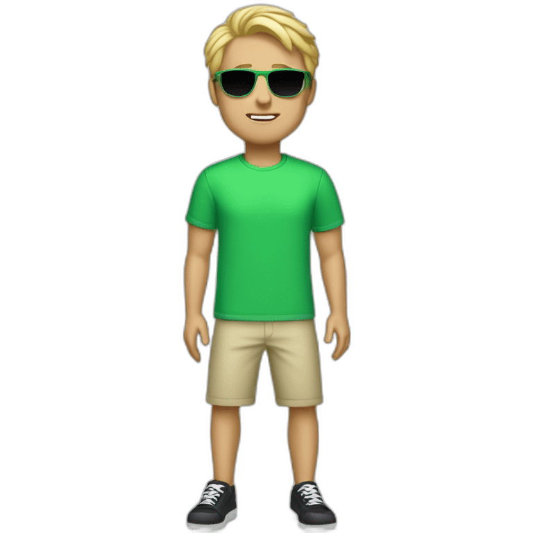 Guy with blond hair green t shirt sunglasses black short and white and blue shoes emoji