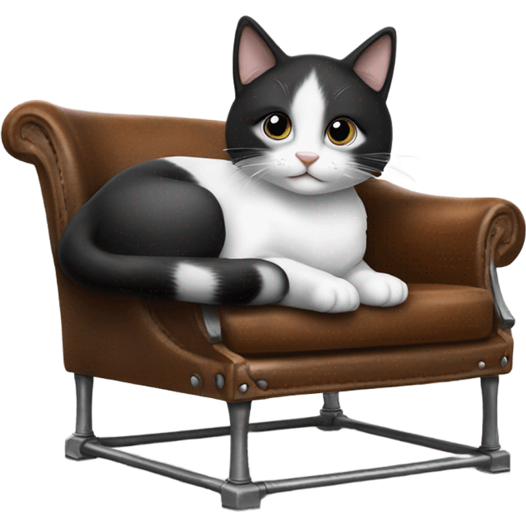 cute black and white cat laying on a big leather and metal chair  emoji