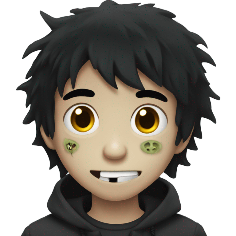 Boy, black hair, medium long, emo, shaggy, zombie, dark, spooky, pale skin, creepy expression emoji